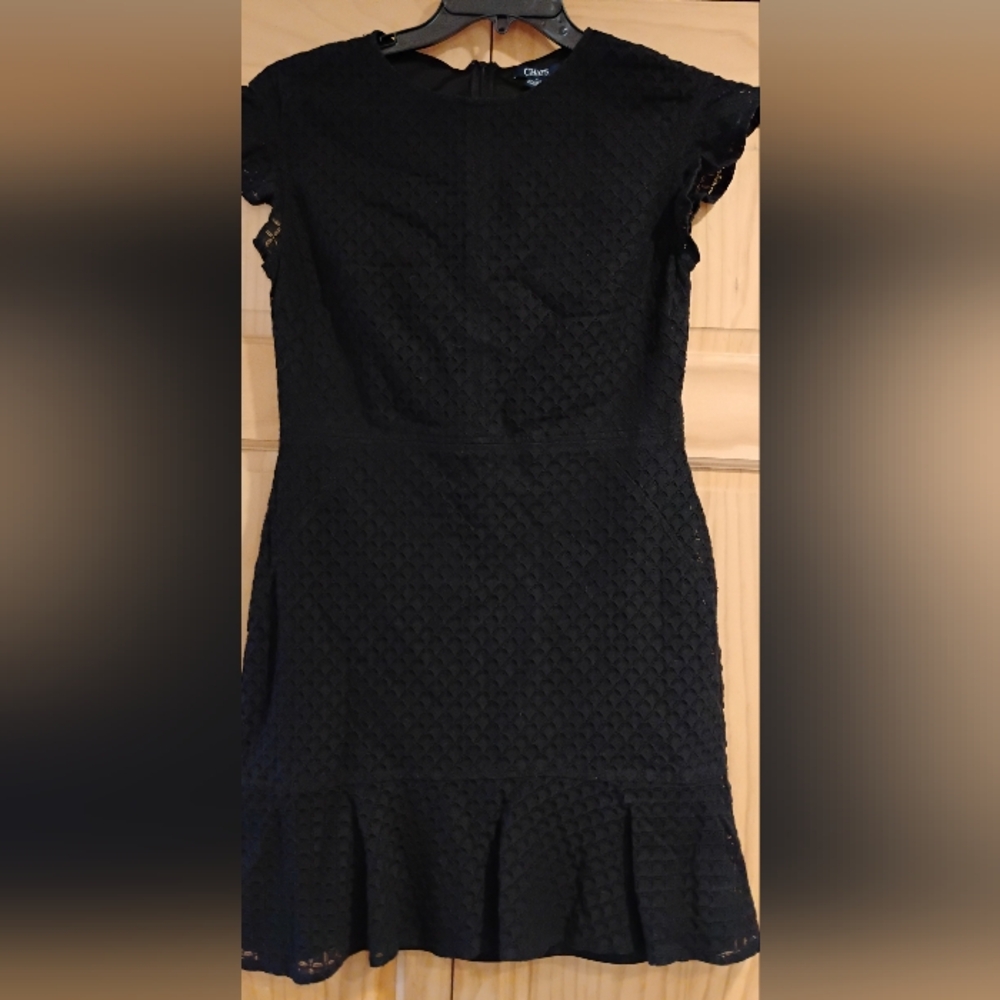 Chaps Black Textured Mini Dress With Ruffles Cap Sleeves